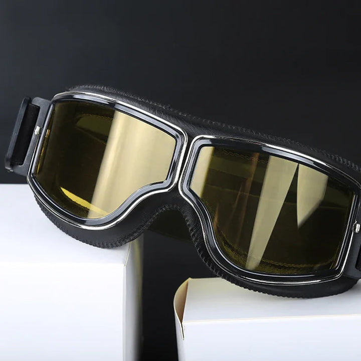 Rugged vintage motorcycle goggles, offering superior eye protection for adventurous riders. Retro adventure gear.