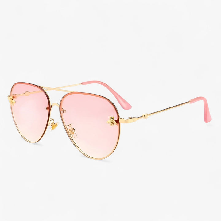 Angled shot of luxury vintage pilot sunglasses, showcasing the unique bee accent & classic pilot design.