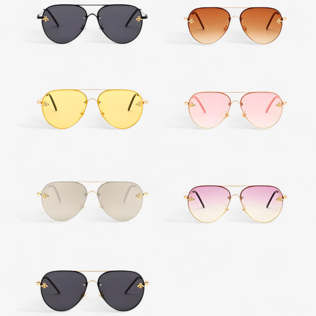 Side view of vintage pilot sunglasses, highlighting the intricate bee detail & comfortable fit, unisex fashion.