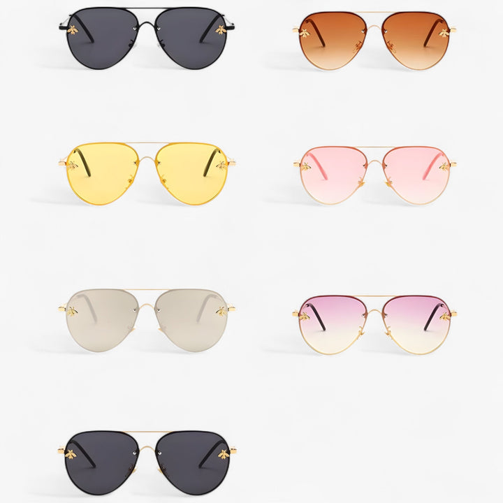 Side view of vintage pilot sunglasses, highlighting the intricate bee detail & comfortable fit, unisex fashion.