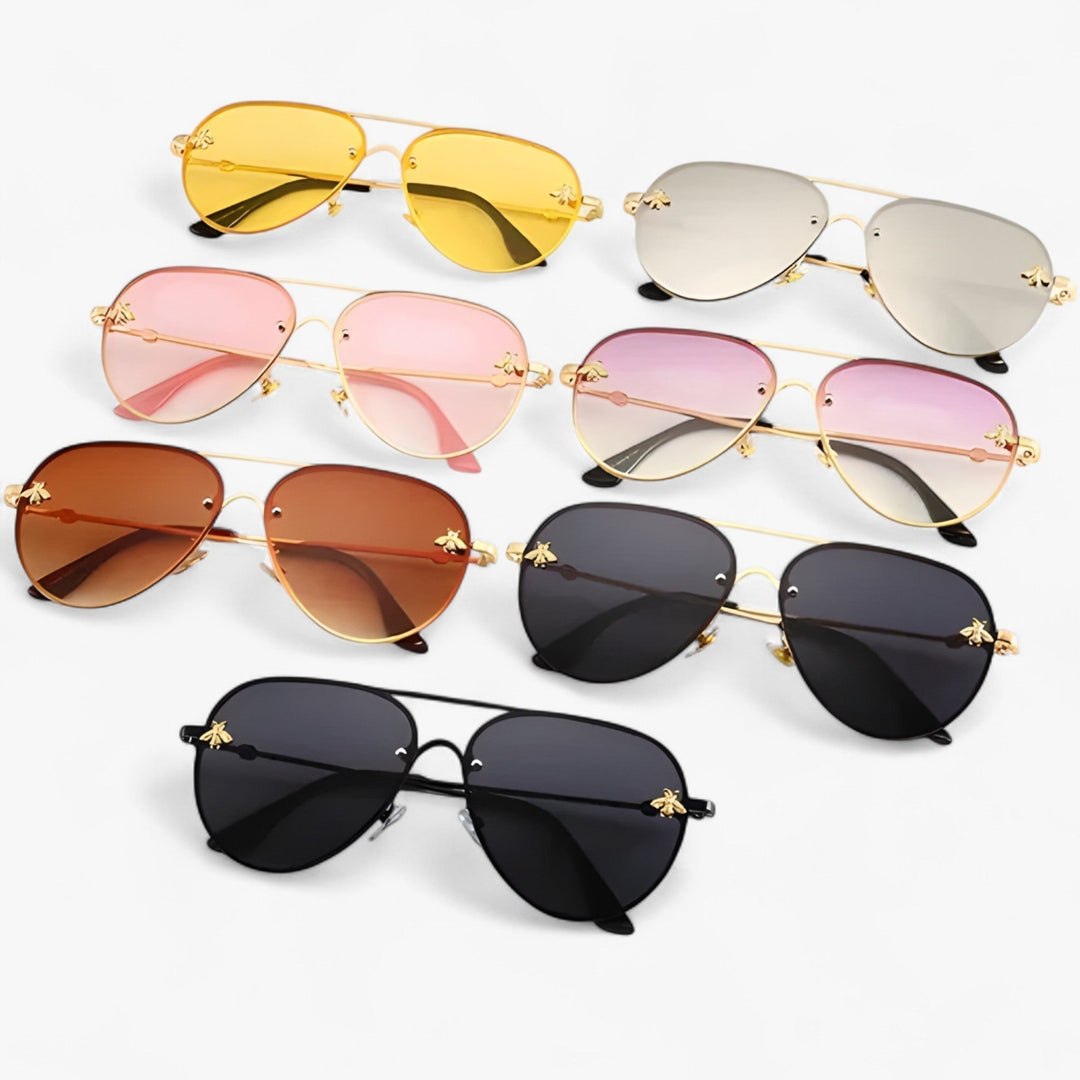 Product image: Unisex vintage pilot sunglasses with elegant bee detail, luxury fashion eyewear, timeless style.
