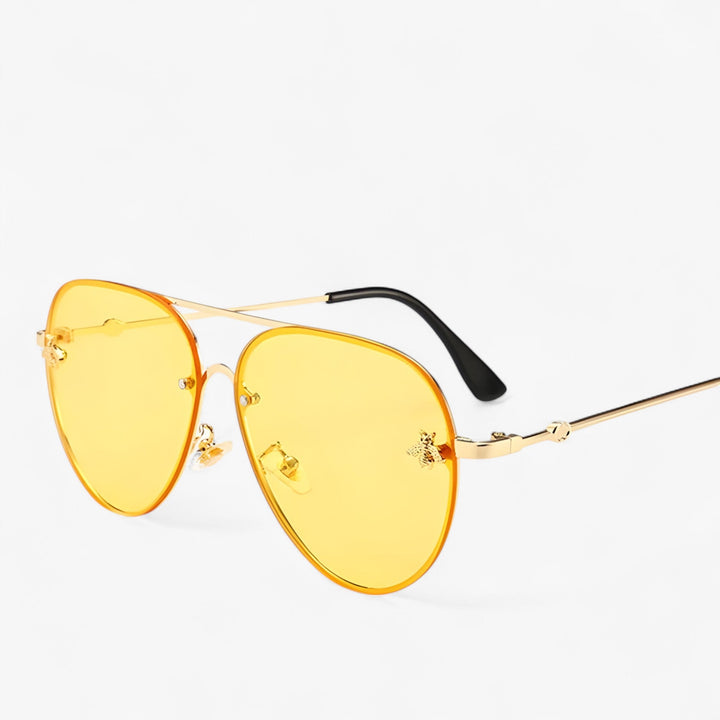 Fashionable unisex vintage aviator sunglasses with bee, enhancing any luxury fashion outfit, timeless accessory.