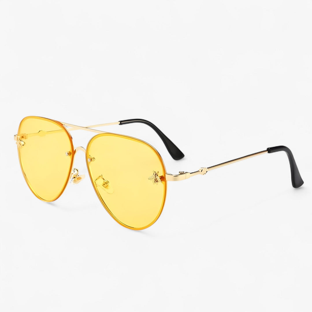 Front view of unisex vintage pilot sunglasses with a distinctive bee embellishment, classic & stylish eyewear.