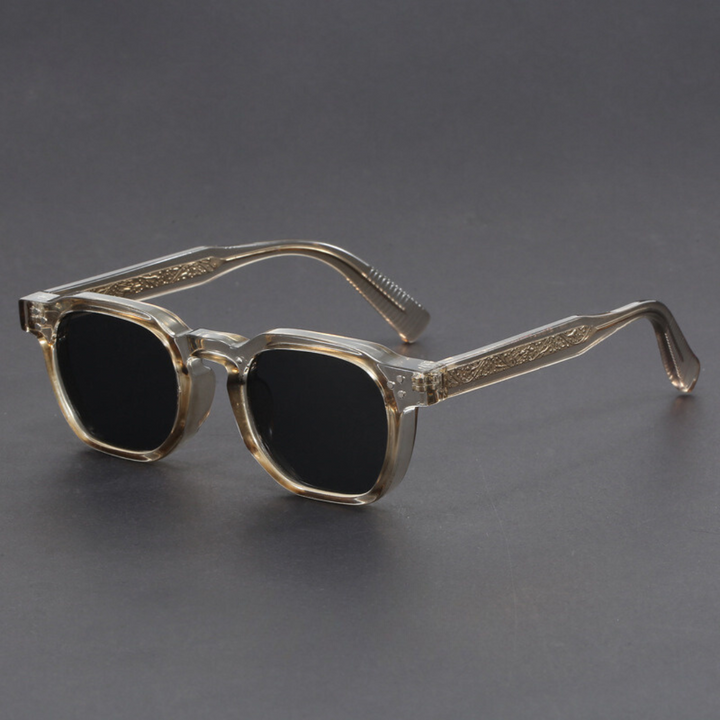 Lifestyle image of unisex vintage square UV400 sunglasses in an outdoor setting for eyewear fashion