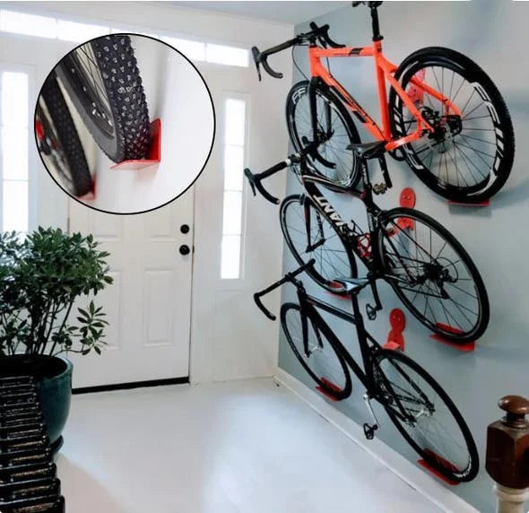 Unisex wall bike rack for vertical storage, perfect for garage organization & space-saving.