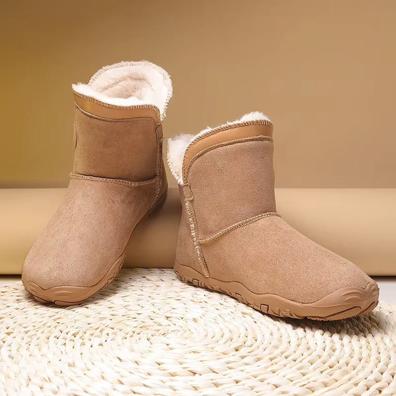 Warm winter boots with wide toe box, minimalist, flexible, unisex design.