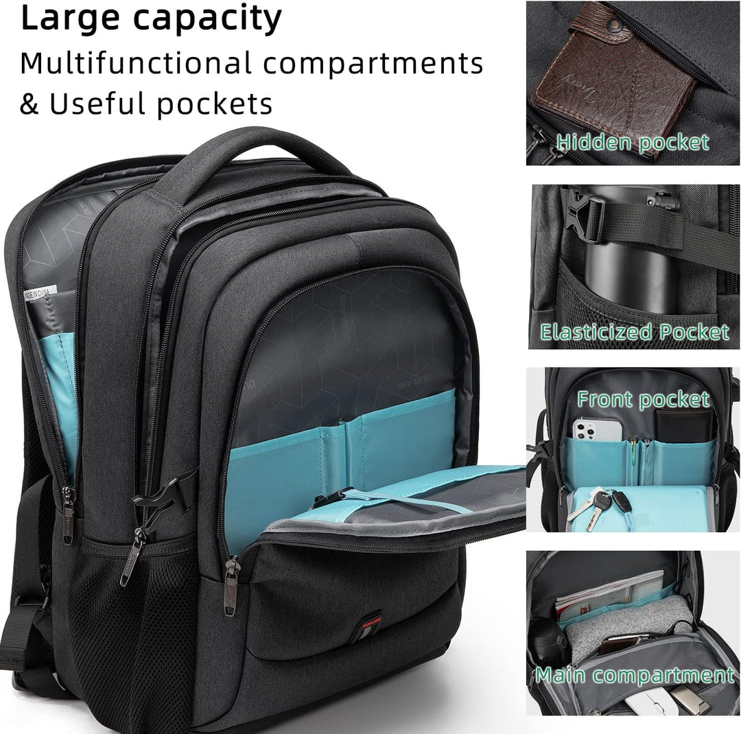 Interior view of organized storage in a travel laptop backpack.