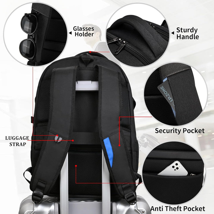 Front pocket detail of an organized laptop backpack for quick access.