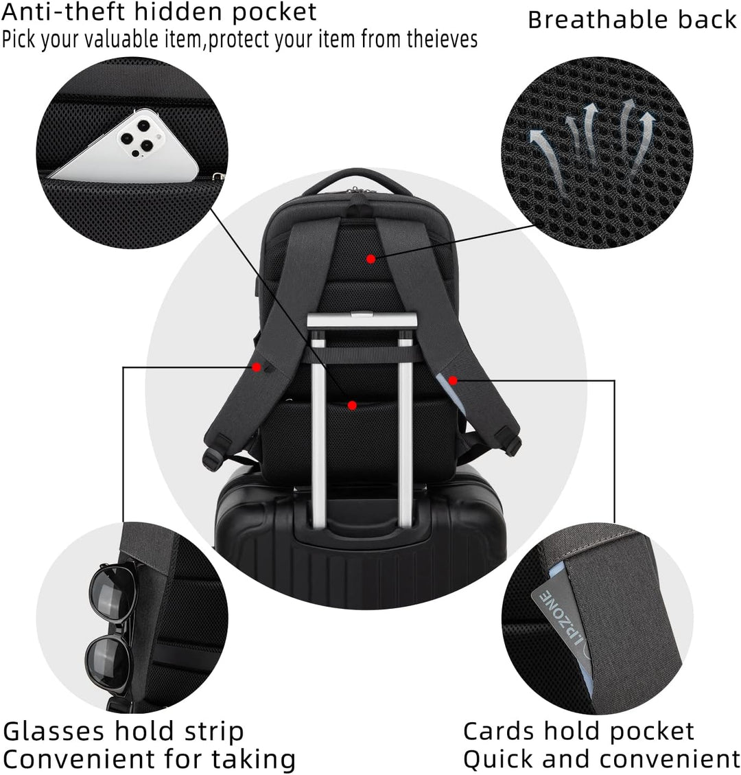 Interior of a tech backpack, showing cable pass-through for USB.