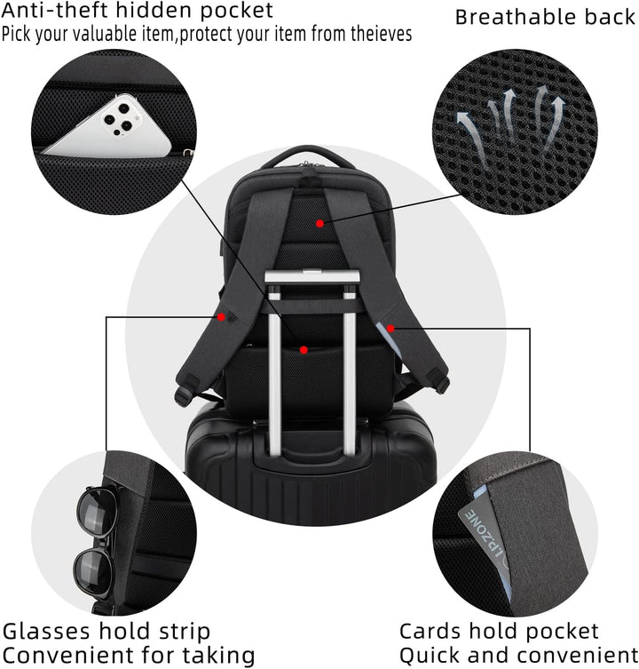 Interior of a tech backpack, showing cable pass-through for USB.