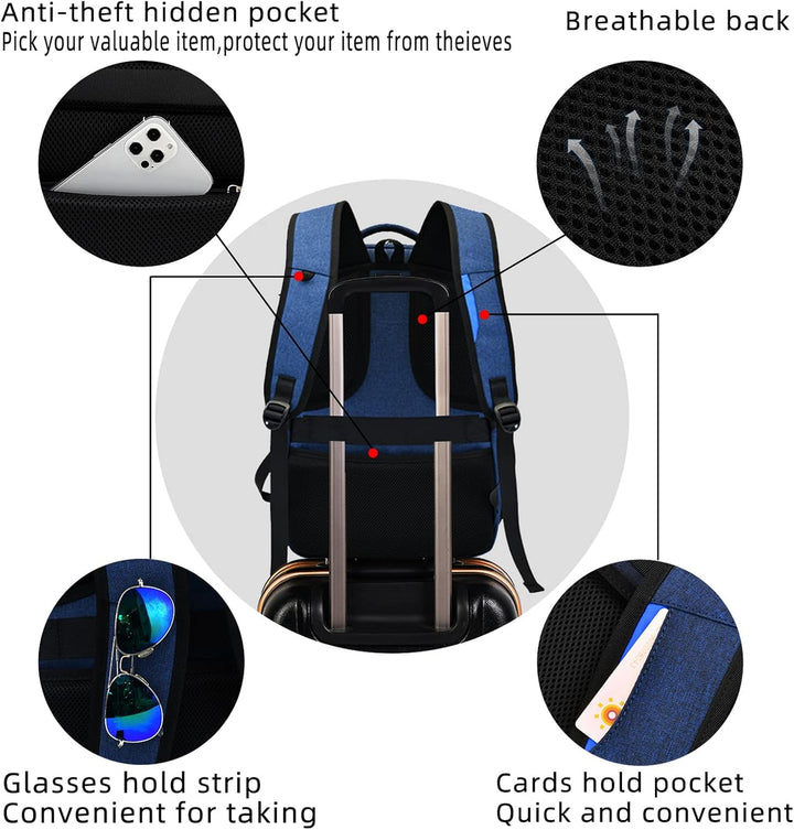 Back view of ergonomic anti-theft laptop backpack, comfortable for long trips.