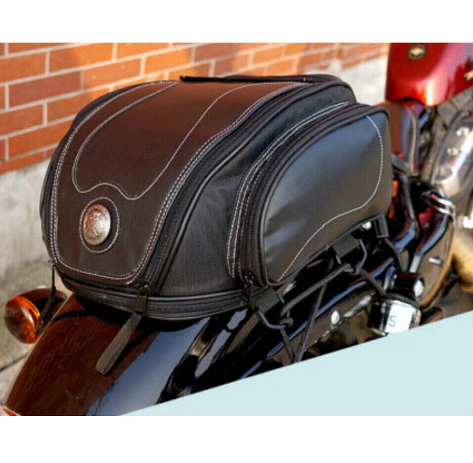 Close-up of the expandable water-resistant motorcycle tail bag, showing zipper for increased storage capacity.