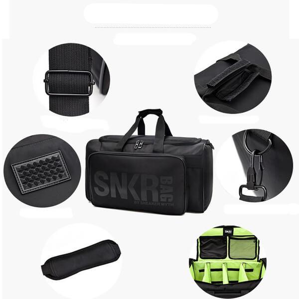 Multi-compartment water-resistant travel bag for sneakers, clothes, and other gear, very organized.