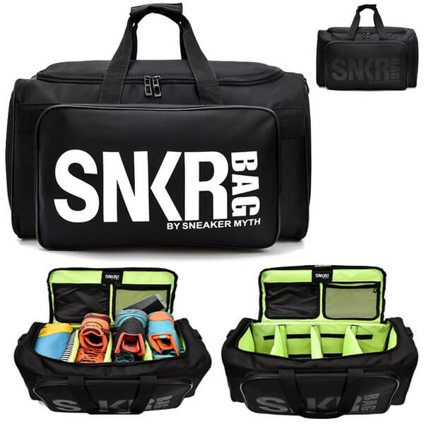 Organized unisex travel duffel bag with multiple compartments for sneakers, clothes, and gym gear.