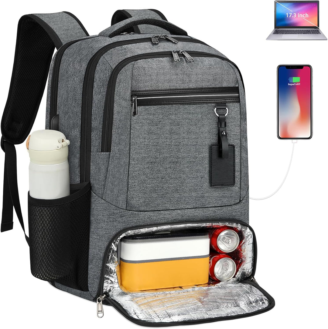Unisex waterproof laptop backpack in black with USB port & insulated lunch compartment, ideal for travel/work.