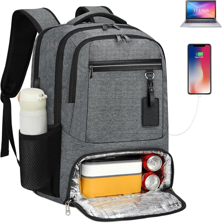 Unisex waterproof laptop backpack in black with USB port & insulated lunch compartment, ideal for travel/work.