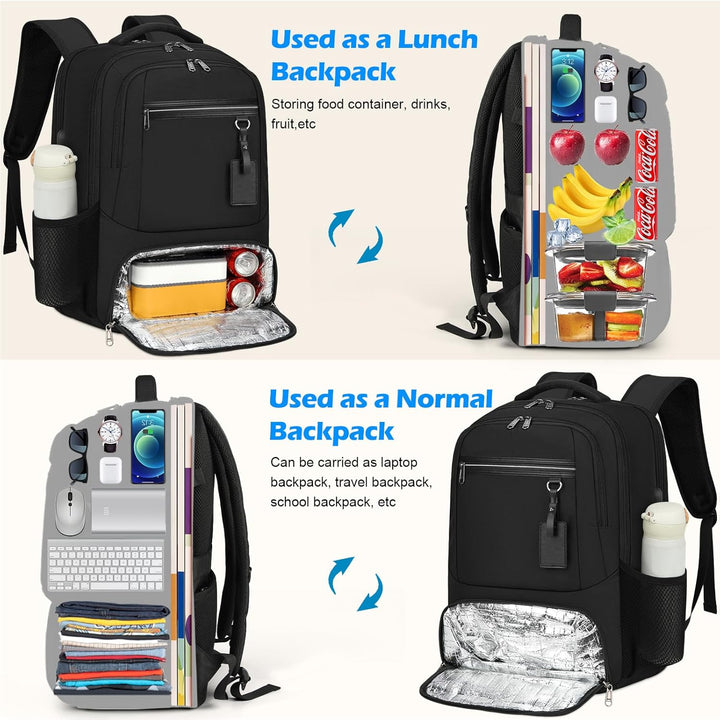 Waterproof tech backpack packed with laptop, lunch, & books; efficient organization for students & professionals.
