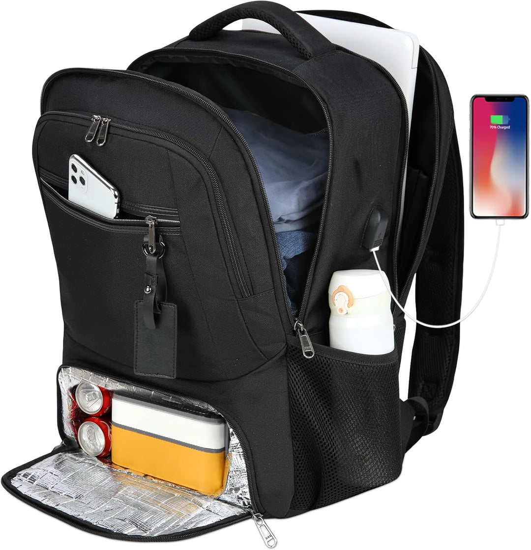 Versatile black waterproof backpack with USB port & lunch compartment, perfect for school, work, or travel.