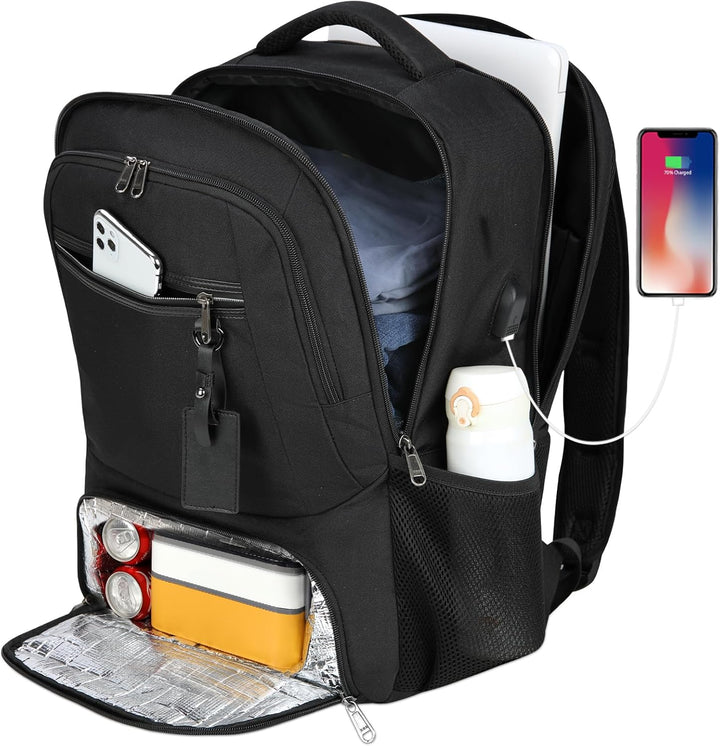 Versatile black waterproof backpack with USB port & lunch compartment, perfect for school, work, or travel.