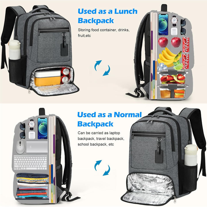 Ergonomic back of a dark grey waterproof laptop backpack with padded straps for comfortable daily commute.