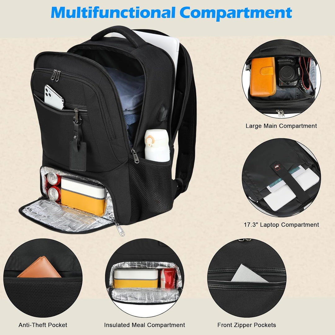 Stylish unisex waterproof laptop backpack in black worn by a commuter, ideal for city travel & daily essentials.