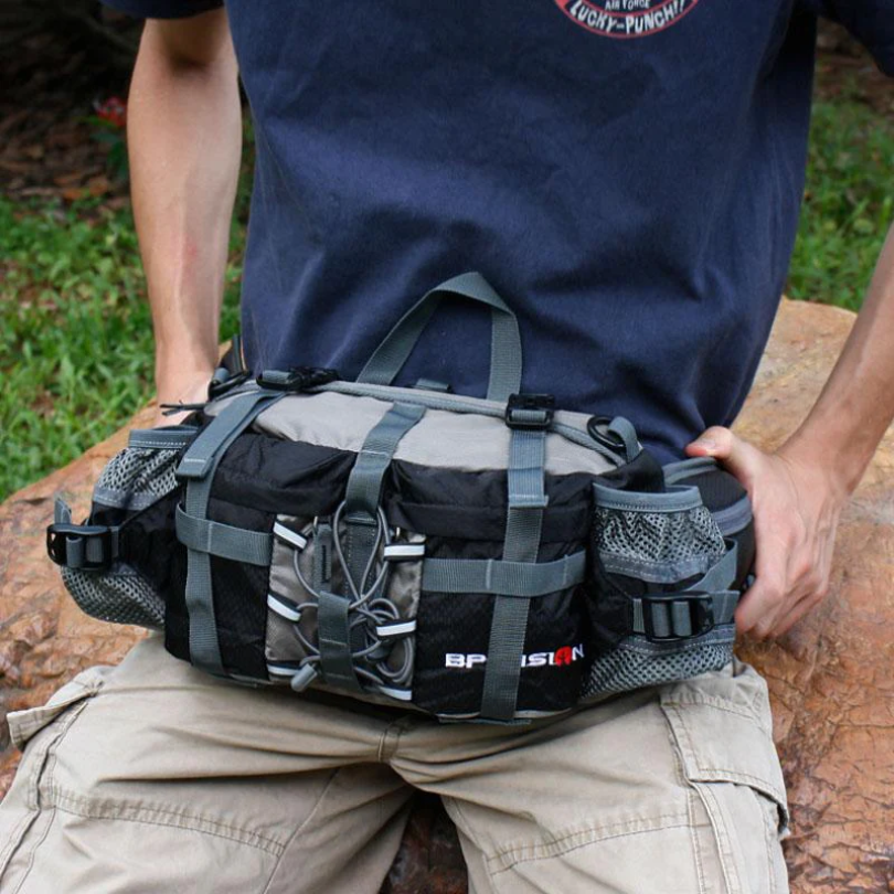 Sleek black waterproof crossbody fanny pack for hiking & travel. Unisex design with adjustable strap.