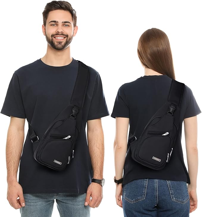 Waterproof sling bag open, showing organized compartments for travel & daily essentials.