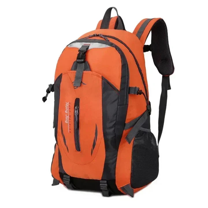 Traveler wearing a stylish unisex waterproof backpack, perfect for outdoor adventures & daily commutes.