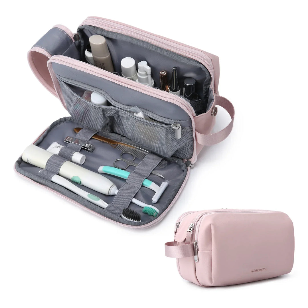 Unisex waterproof travel toiletry bag with multiple compartments for cosmetics & essentials.