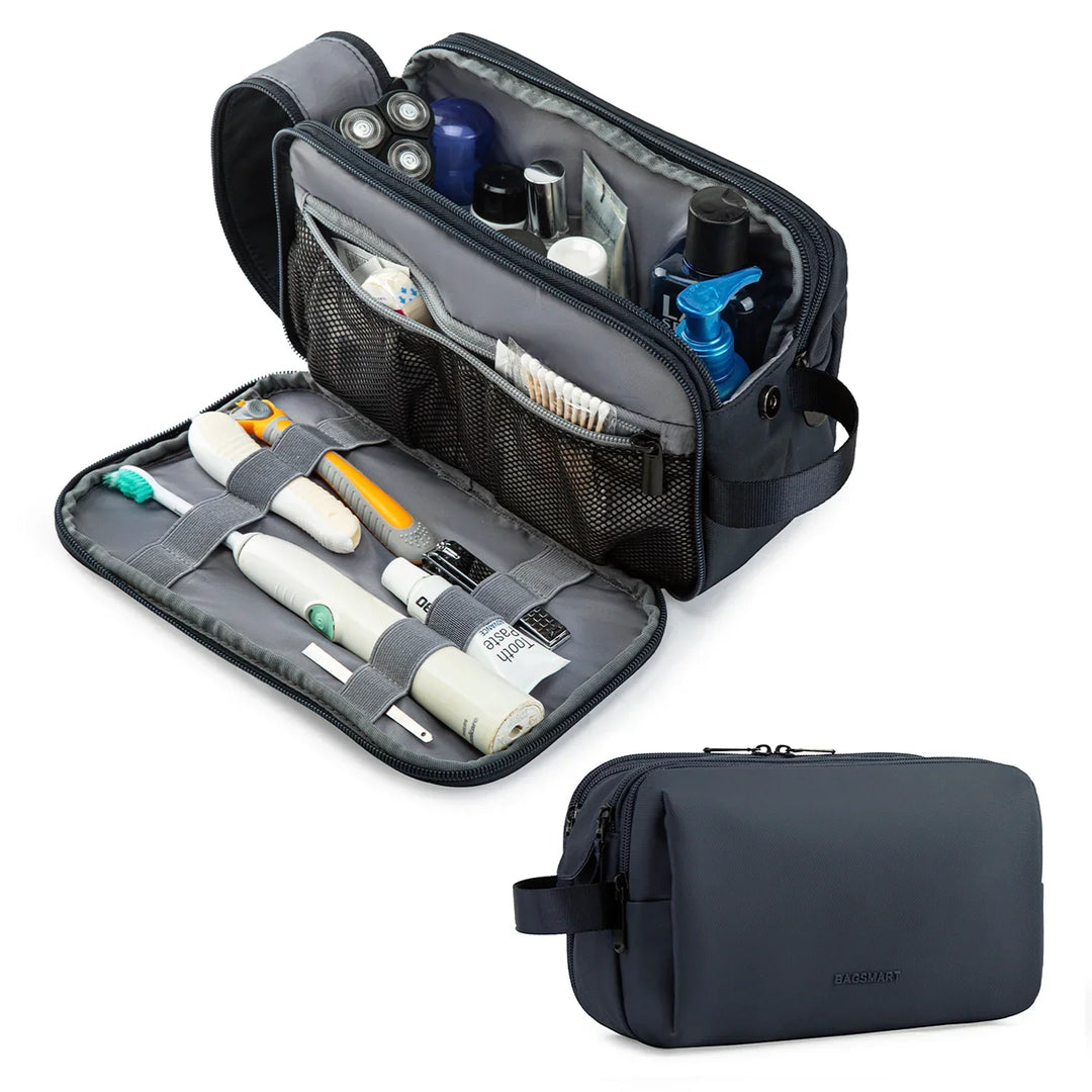 Large capacity waterproof travel toiletry bag to organize all your cosmetics, makeup, & personal travel items.