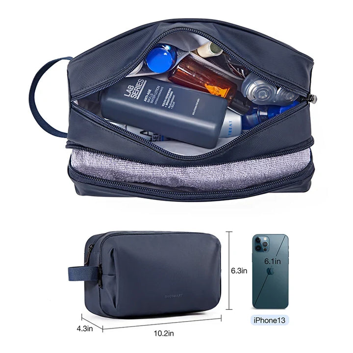 Men's & women's waterproof travel toiletry bag; lightweight cosmetic organizer for gym, camping, and trips.