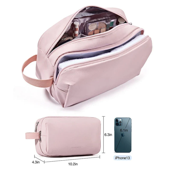 Compact, waterproof travel toiletry bag & cosmetic organizer, ideal for makeup, men's grooming, and camping.