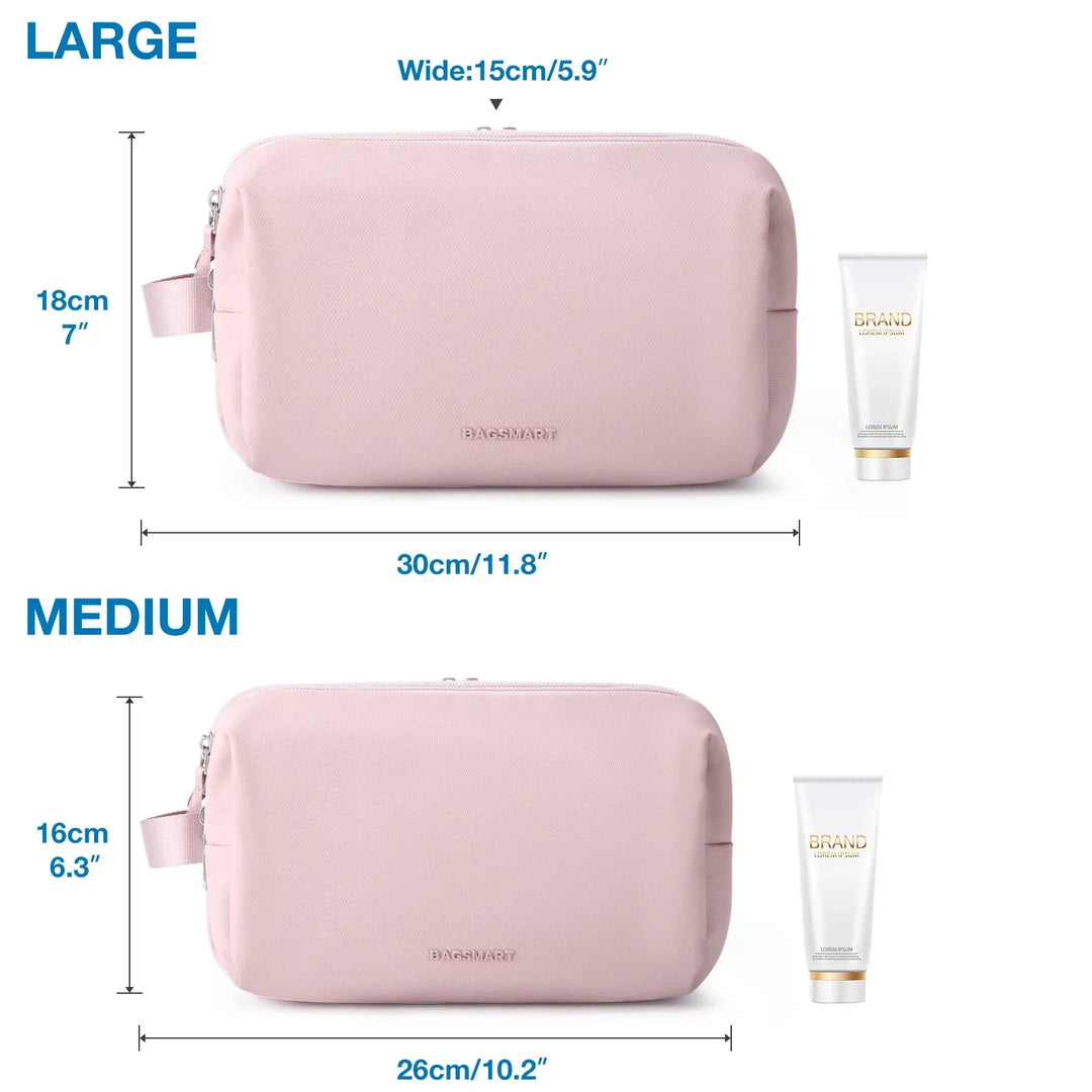 Durable waterproof travel toiletry bag keeps cosmetics & toiletries safe & dry; great for gym or camping.