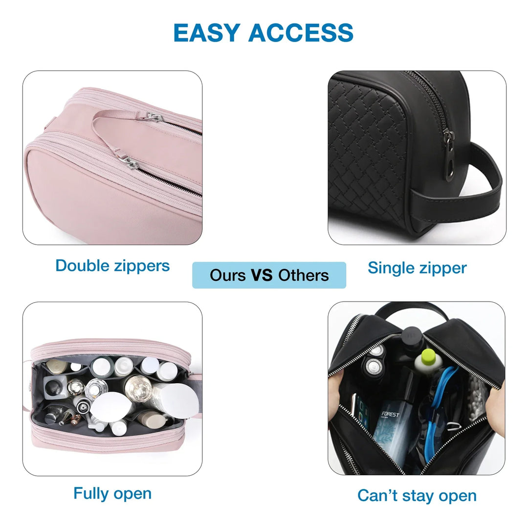 Spacious travel toiletry bag with organizer compartments for cosmetics, makeup, and men's grooming items.