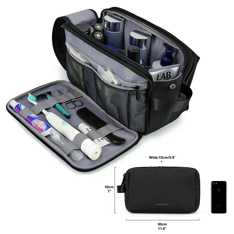 Open unisex waterproof toiletry bag showcasing organized compartments for cosmetics, makeup & travel essentials.