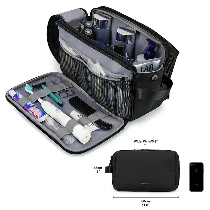 Open unisex waterproof toiletry bag showcasing organized compartments for cosmetics, makeup & travel essentials.
