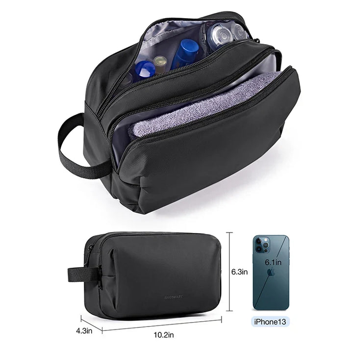 Sleek, lightweight waterproof travel toiletry bag, perfect for organizing cosmetics, makeup, & men's grooming.