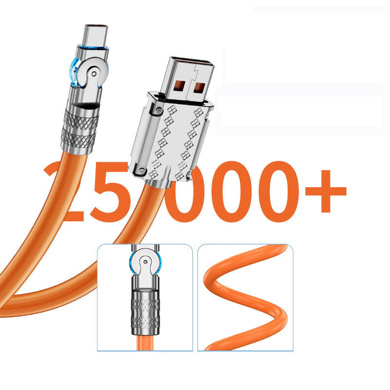 Universal 180° rotating fast charging data cable with Type-C & iPhone compatibility, 120W power.