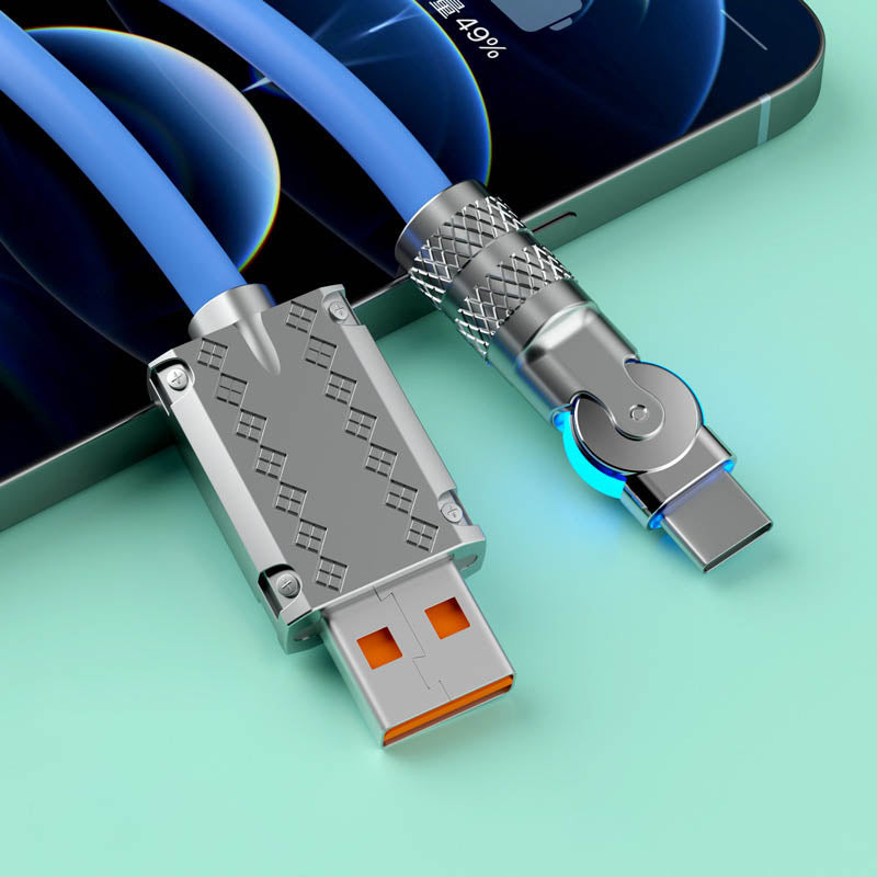 High-speed 120W fast charging and data sync cable with universal Type-C and iPhone support.