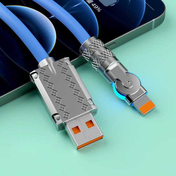 Braided universal 120W fast charging data cable with 180° rotation, perfect for gaming phones.