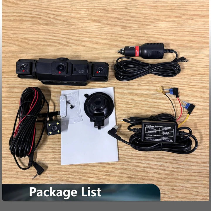 Smart 4-camera WiFi dash cam. Front, rear, parking monitor, G-sensor, night vision for all-around car safety.