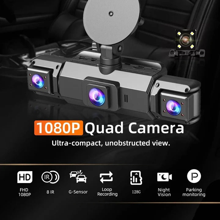 Advanced 4-channel WiFi dash cam system with front, rear, & side cameras. Parking monitor, G-sensor, night vision.
