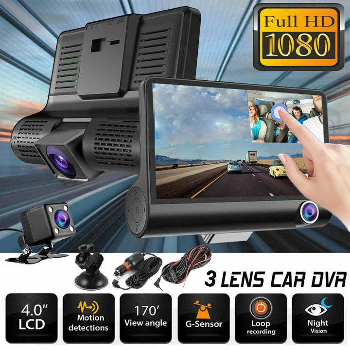 Universal 4-inch dual lens touchscreen dash cam for front & rear road safety with night vision.
