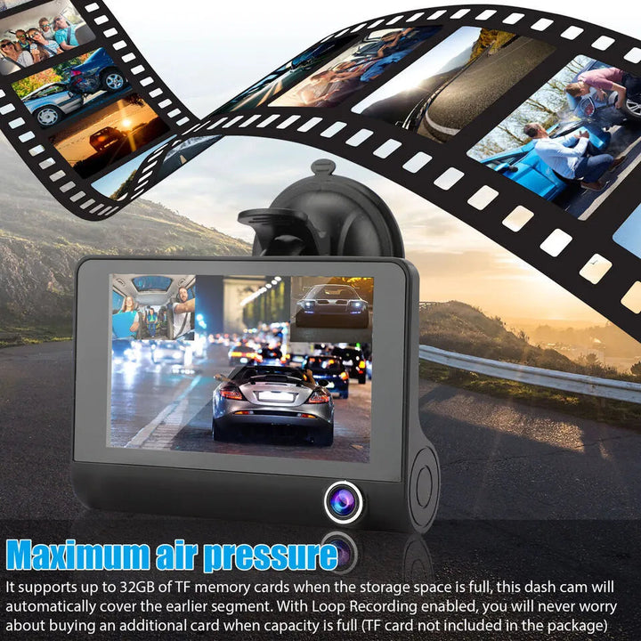 TavvitaImp009 dual lens dash cam with 4-inch touchscreen, front & rear recording for complete vehicle security.