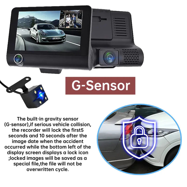 Enhanced road safety dash cam with dual lenses, G-sensor, loop recording & motion detection for vehicle security.