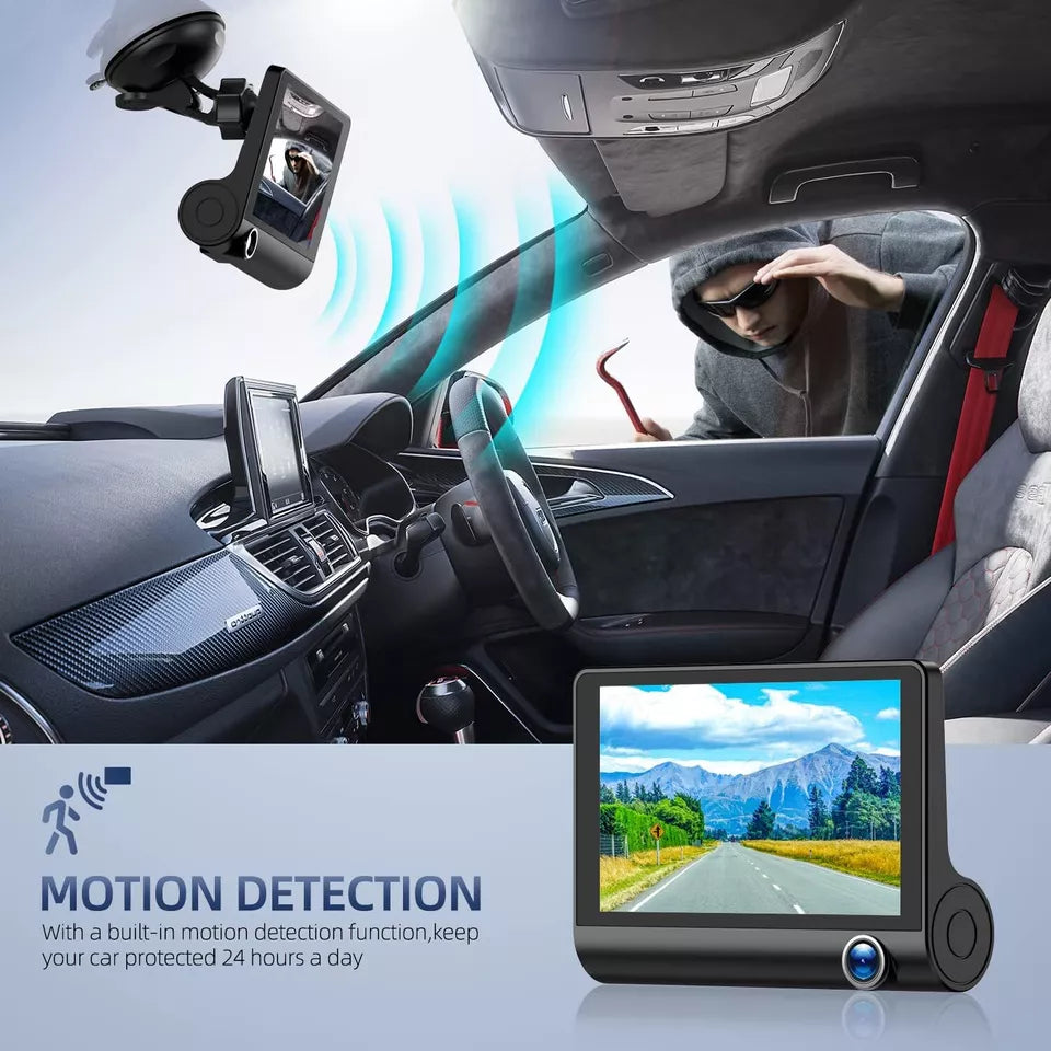 TavvitaImp009 dash cam featuring clear night vision, dual lenses, and 4-inch touchscreen for 24/7 car security.