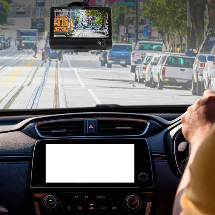 Universal TavvitaImp009 4-inch dual lens dash cam, touchscreen, front & rear views, essential auto accessory.