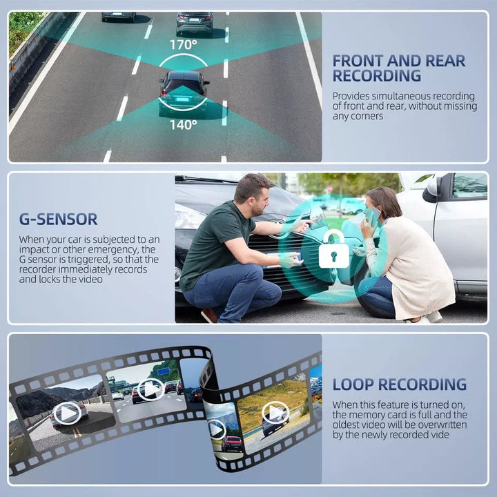 Dash cam with dual lenses, 4-inch touchscreen, loop recording & motion detection for comprehensive car surveillance.