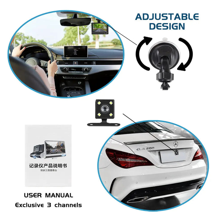Protect your car with this dual lens dash cam, 4-inch touchscreen, night vision & G-sensor for ultimate road safety.