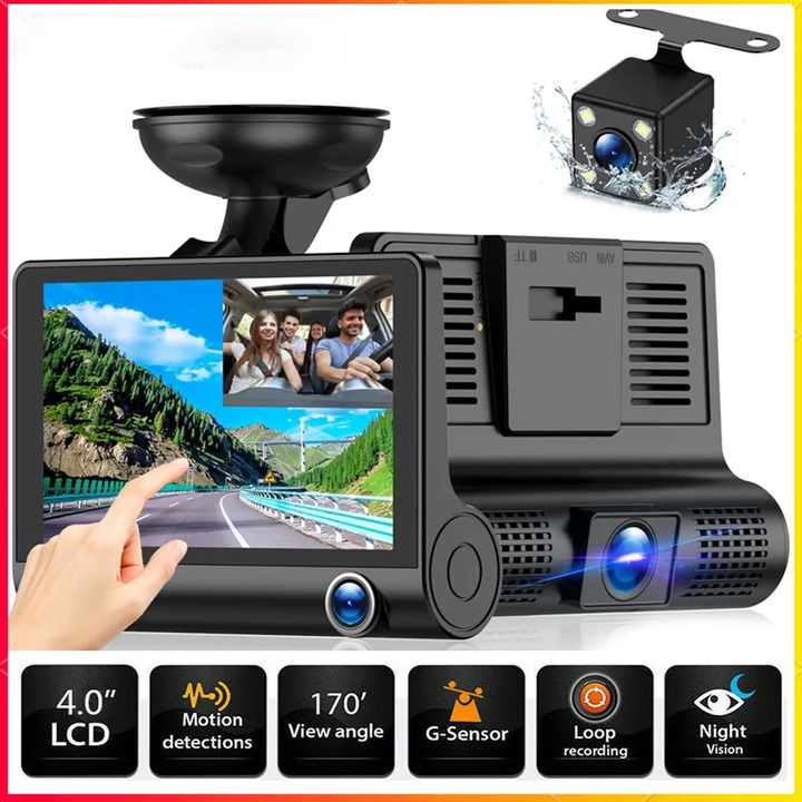 Advanced 4-inch touchscreen dual lens dash cam with night vision, G-sensor, loop recording for enhanced vehicle security.